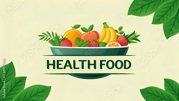 Fototapeta Fresh fruit bowl with healthy food text and green leaves