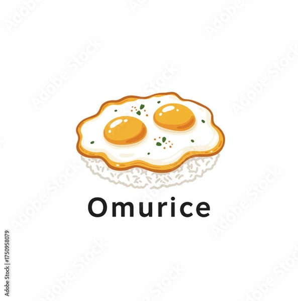 Fototapeta Illustration of a delicious Omurice dish with two fried eggs on top of fluffy rice, seasoned with herbs