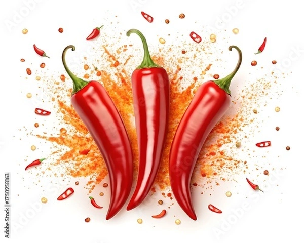 Fototapeta Three vibrant red chili peppers with spice powder explosion on white background