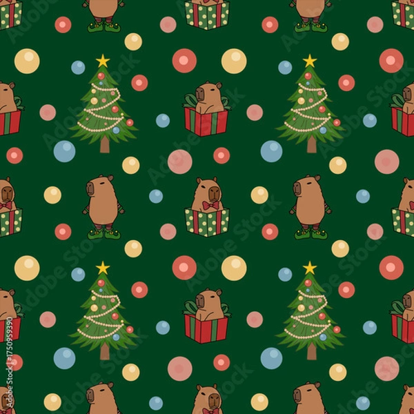 Fototapeta Cute Capybara Christmas Seamless Pattern Illustration