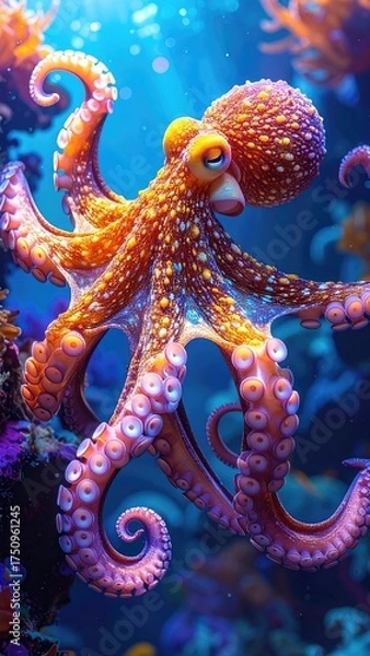 Obraz Orange And Pink Octopus In Vibrant Underwater Scene