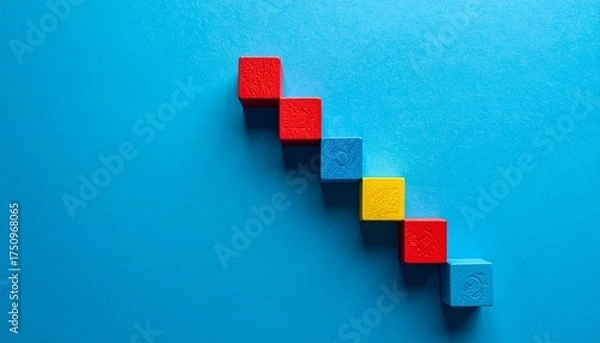 Fototapeta Eight small wooden cubes in diagonal line with red, blue, and yellow pattern on blue surface