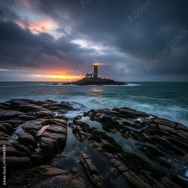 Obraz Dramatic Lighthouse Beacon at Sunset on Rocky Coastline.