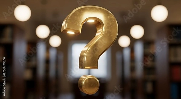 Obraz Golden Question Mark in a Library - Seeking Knowledge and Answers.