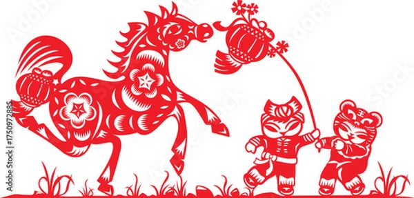 Obraz Vibrant Red Chinese paper cut art of a horse in stride, two Chinese dolls playing with the Lantern