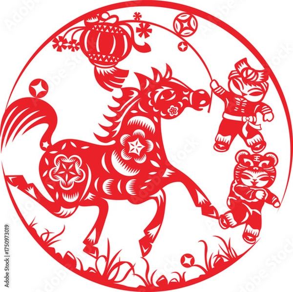 Fototapeta Red Chinese paper cut art features a galloping horse with intricate floral patterns, accompanied by two children in festive outfits holding a lantern, all within a circular frame with grass below.