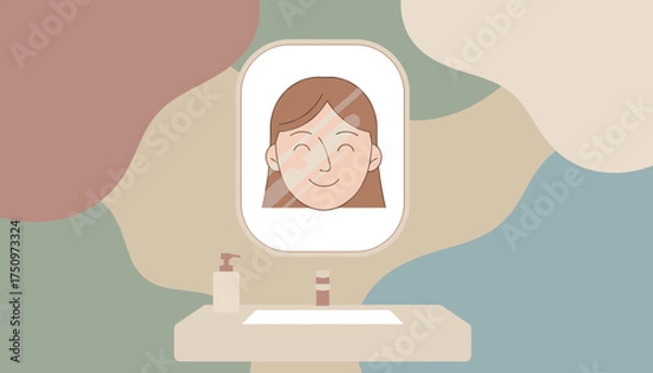Obraz Happy womans face reflected in a bathroom mirror during a morning routine