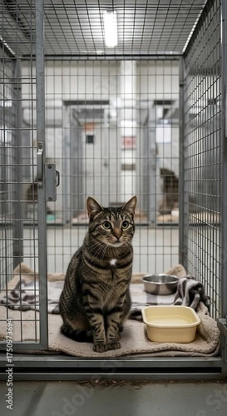 Obraz Tabby Cat Waiting for Adoption in Shelter Cage.