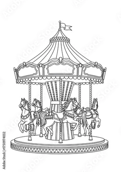 Obraz Detailed black and white line art illustration of a classic carnival carousel featuring several ornate, saddled horses under a decorative striped canopy roof.
