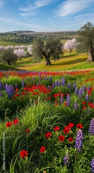 Obraz Vibrant Spring Meadow with Blooming Flowers and Olive Trees.