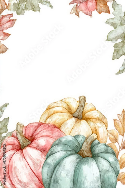 Obraz Watercolor pumpkins, foliage in soft autumn tones frame of white background with generous copy space. Ideal for Thanksgiving cards, fall invitations, posters, media banners and seasonal design mockups