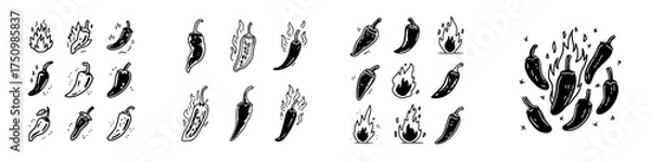 Obraz Hot chili pepper icons set with fire and spice elements