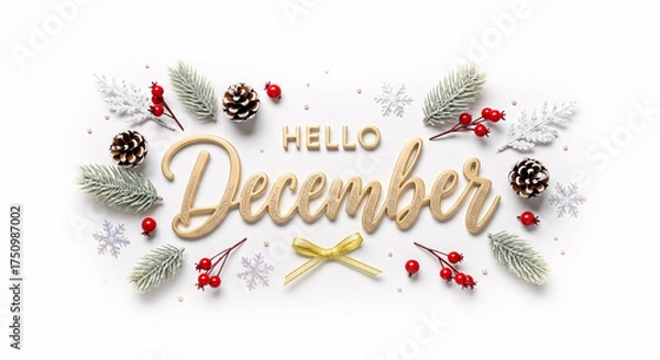 Obraz Hello December Festive Gold Text with Winter Holiday Elements 