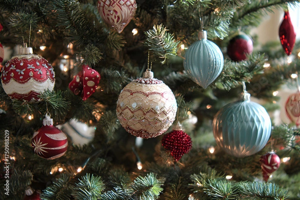 Obraz a christmas tree with ornaments hanging from it