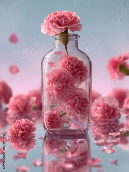 Fototapeta AI generated illustration of a glass bottle filled with  carnations, minimalistic floral composition, soft light, elegant and romantic still life.