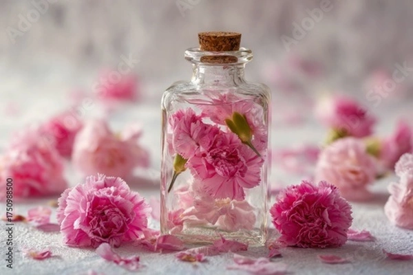 Fototapeta AI generated illustration of a glass bottle filled with pink carnations, minimalistic floral composition, soft light, romantic still life.