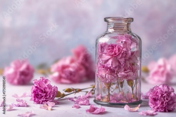 Fototapeta AI generated illustration of a glass bottle filled with pink carnations, soft light, elegant and romantic still life.