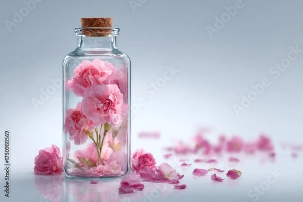 Fototapeta AI generated illustration of a glass bottle filled with pink carnations, minimalistic floral composition, elegant and romantic still life.