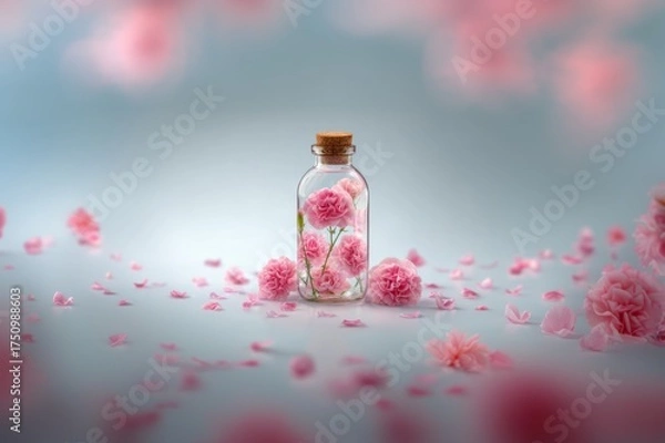Fototapeta AI generated illustration of a glass bottle filled with pink carnations, minimalistic floral composition, soft light, elegant and romantic.