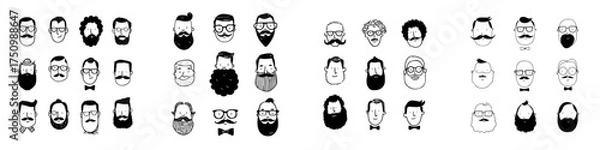 Obraz Collection of hand drawn hipster male faces with various beards and mustaches