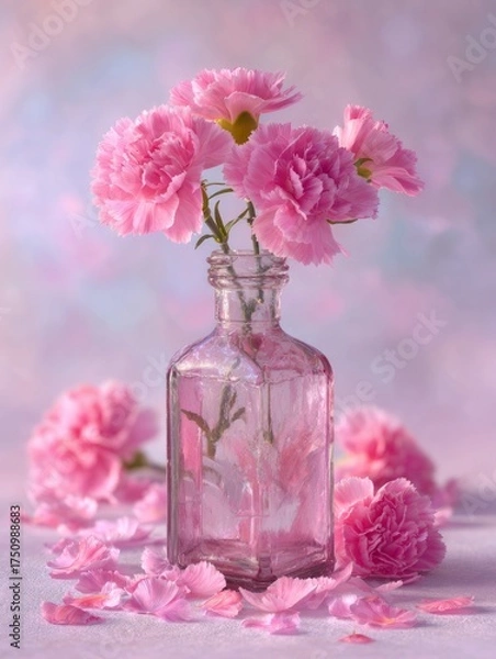 Fototapeta AI generated illustration of a glass bottle filled with pink carnations, minimalistic floral composition, soft light, elegant and romantic still life.