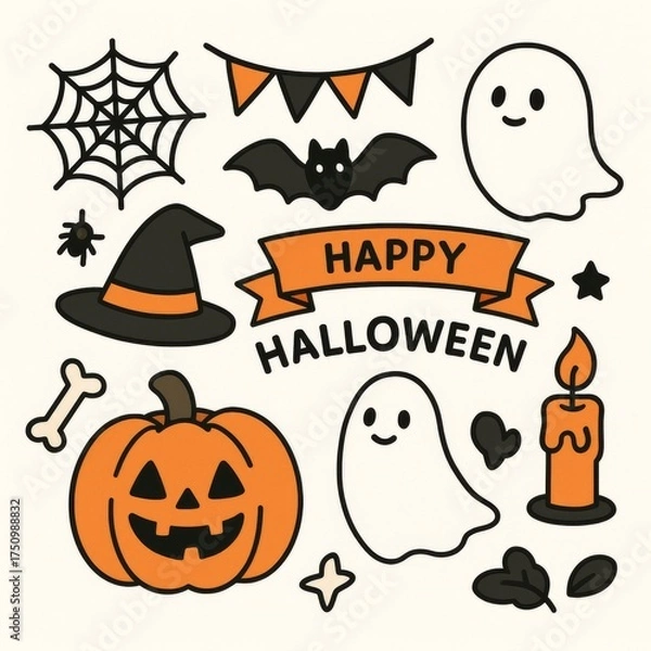 Fototapeta Spooky and fun Halloween-themed illustration with various festive elements. This colorful illustration is full of iconic symbols for a seasonal vibe