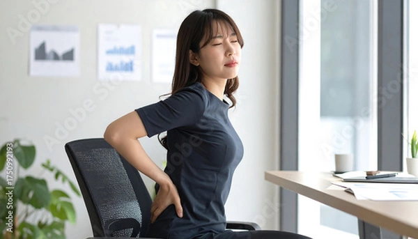 Obraz 職場の光の中で腰を押さえる美人女性が痛い表情で疲労を表す日常の一瞬
