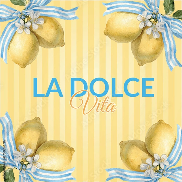 Obraz Watercolor lemon with blue ribbon illustration