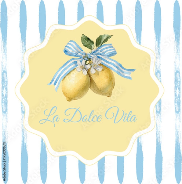 Fototapeta Watercolor lemon with blue ribbon illustration