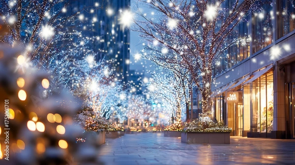 Obraz 雪降るクリスマスの夜、きらめくイルミネーションが彩る都会の街並み
