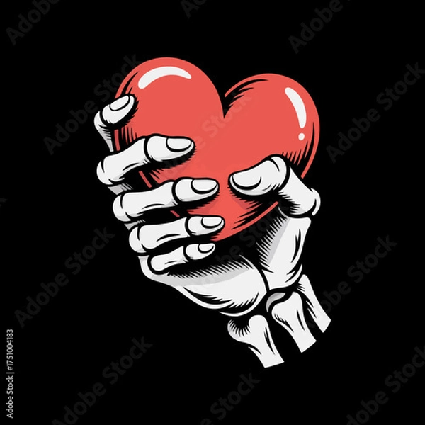 Fototapeta skeleton hands folded in a red heart, heart gesture, black and white line drawing vector.