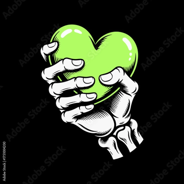 Fototapeta skeleton hands folded in a red heart, heart gesture, black and white line drawing vector.