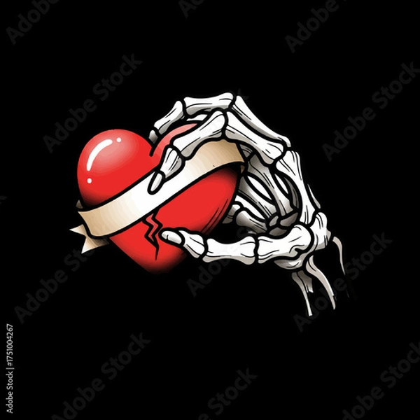 Fototapeta skeleton hands folded in a red heart, heart gesture, black and white line drawing vector.