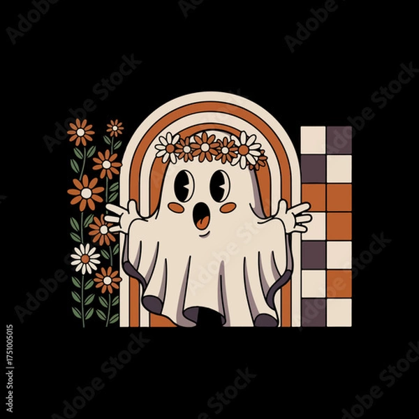 Fototapeta design features a cartoon ghost with a surprised expression, wearing a floral crown. 