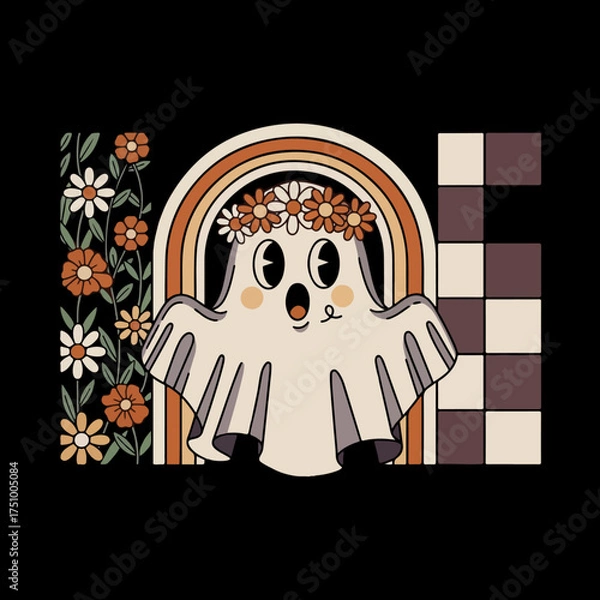 Fototapeta design features a cartoon ghost with a surprised expression, wearing a floral crown. 