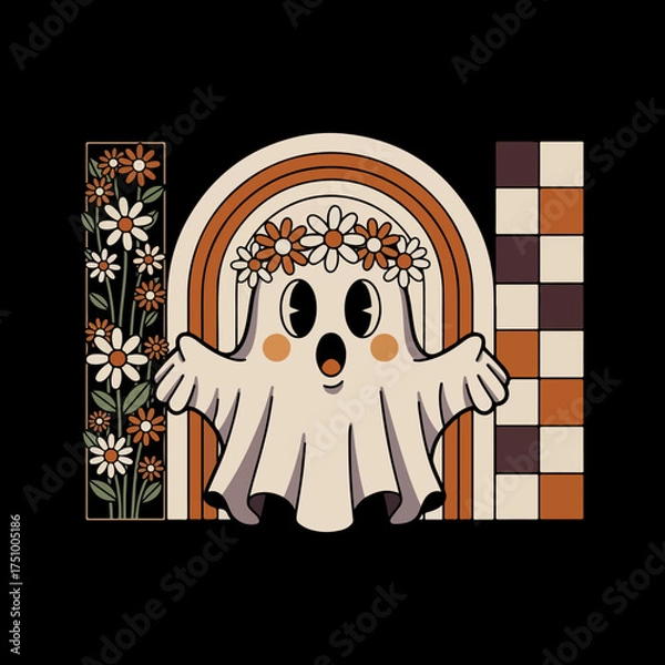 Fototapeta design features a cartoon ghost with a surprised expression, wearing a floral crown. 