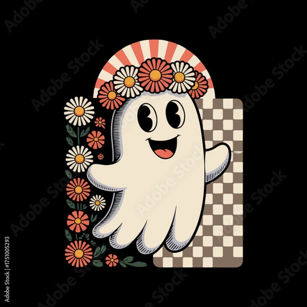 Fototapeta design features a cartoon ghost with a surprised expression, wearing a floral crown. 