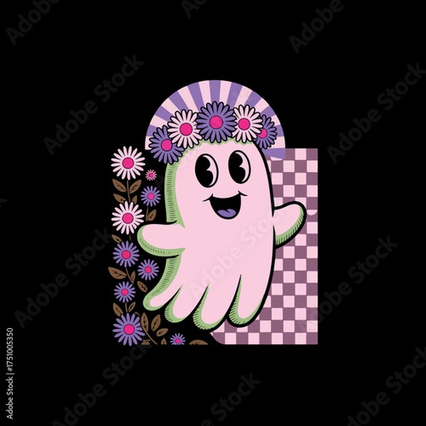 Fototapeta design features a cartoon ghost with a surprised expression, wearing a floral crown. 