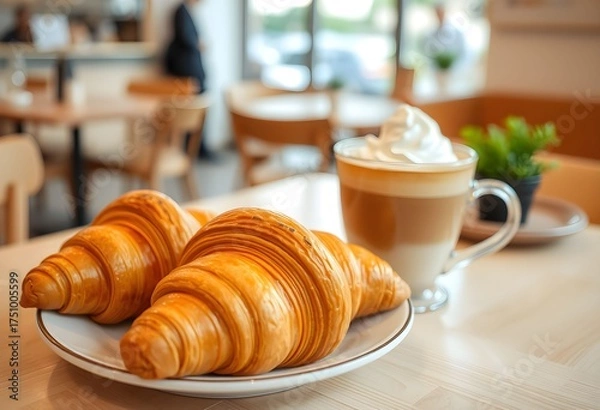 Fototapeta Close-up shot of two golden croissants on a plate next to a coffee drink with whipped cream.