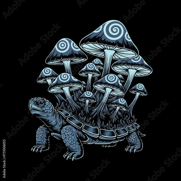 Fototapeta  a black and white illustration of a turtle with a cluster of mushrooms growing on its shell. This type of imagery is often used in tattoos, apparel, and as phone wallpapers