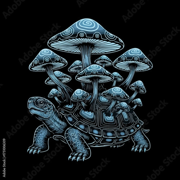 Fototapeta  a black and white illustration of a turtle with a cluster of mushrooms growing on its shell. This type of imagery is often used in tattoos, apparel, and as phone wallpapers