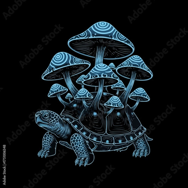 Fototapeta  a black and white illustration of a turtle with a cluster of mushrooms growing on its shell. This type of imagery is often used in tattoos, apparel, and as phone wallpapers