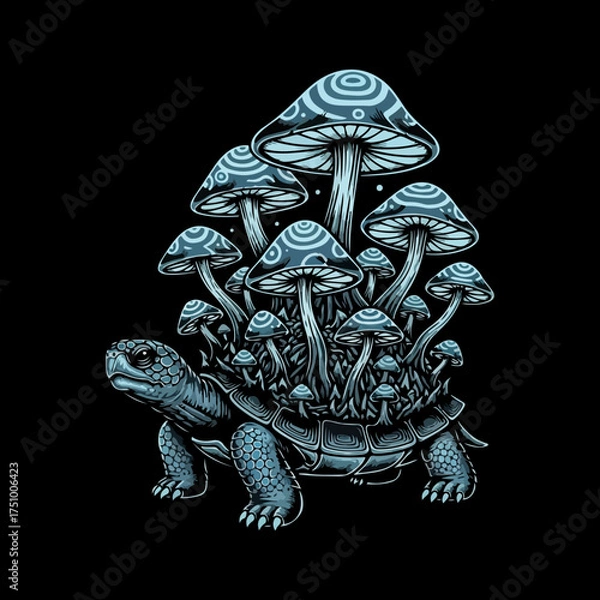 Fototapeta  a black and white illustration of a turtle with a cluster of mushrooms growing on its shell. This type of imagery is often used in tattoos, apparel, and as phone wallpapers