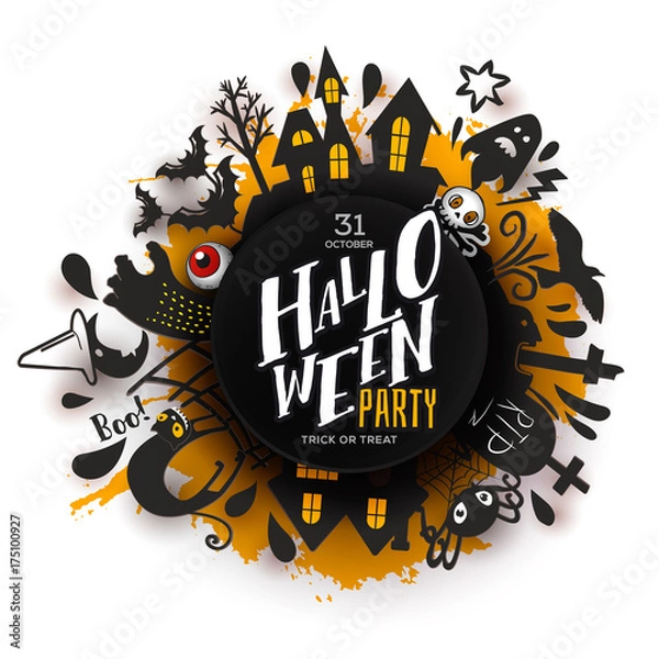 Obraz Happy Halloween Paper art banner with cartoon silhouettes around Party logo. Vector illustration. Paper cut holiday design with hand lettering greeting. Party poster, banner, label