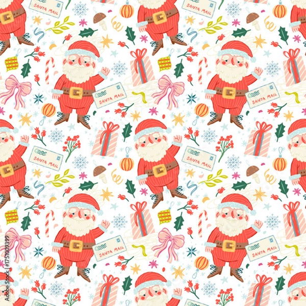 Obraz Christmas seamless pattern with Santa Claus, gifts, bow, and ornaments for wallpaper and wrapping paper