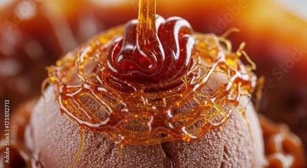Fototapeta Caramel sauce pouring over chocolate ice cream scoop with spun sugar decoration. Macro dessert detail for sweet food or recipe presentation.