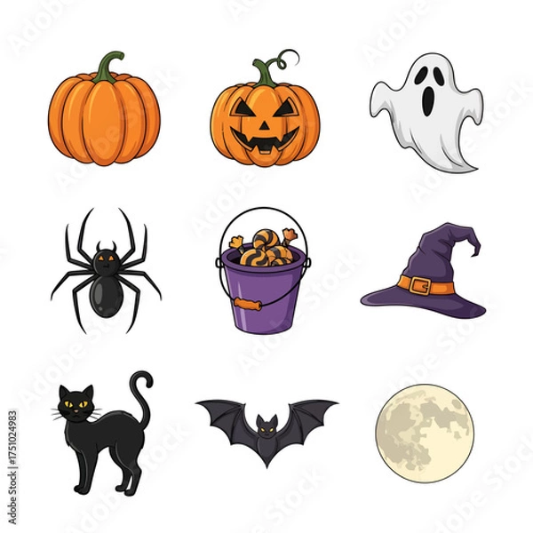 Fototapeta Whimsical Halloween Illustrations Featuring Classic Spooky Elements on White Background