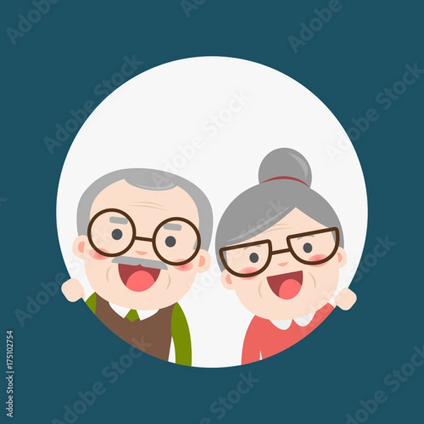 Obraz Retired elderly senior age couple in creative flat vector character design | Grandpa and grandma standing full length smiling