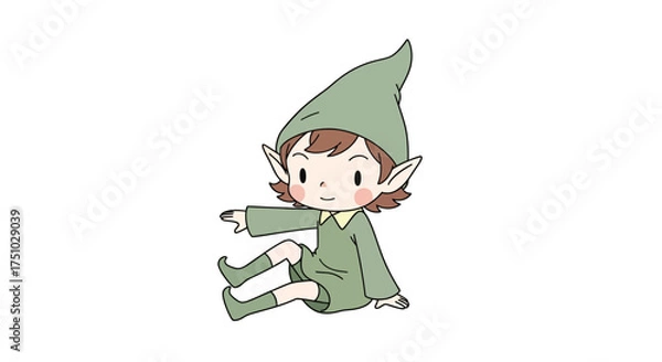 Fototapeta Whimsical Illustration of a Young Elf Child Sitting Down in a Relaxed Pose and Expression