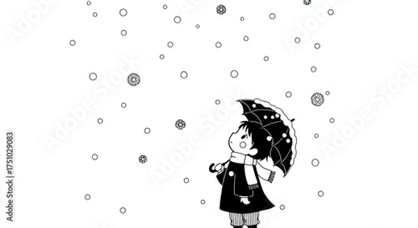 Fototapeta Winter's embrace: A monochrome depiction of a child's fascination with falling snow under umbrella